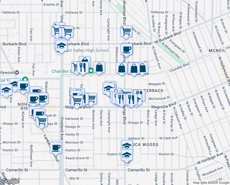 map of restaurants, bars, coffee shops, grocery stores, and more near 5309 Cartwright Avenue in Los Angeles
