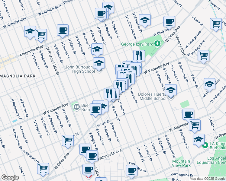 map of restaurants, bars, coffee shops, grocery stores, and more near 121 North Parish Place in Burbank