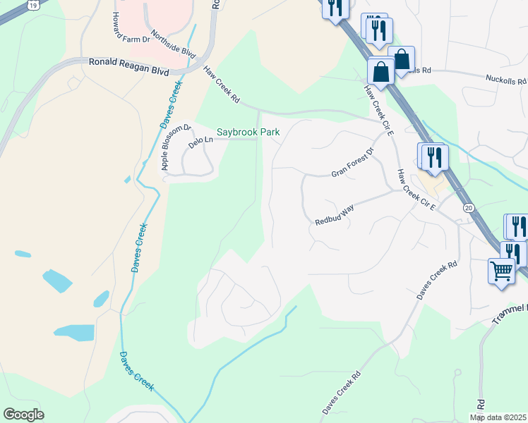 map of restaurants, bars, coffee shops, grocery stores, and more near 1515 Loblolly Lane in Cumming