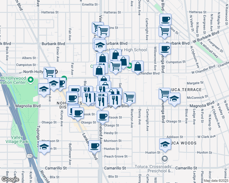 map of restaurants, bars, coffee shops, grocery stores, and more near 5258 Cleon Avenue in Los Angeles