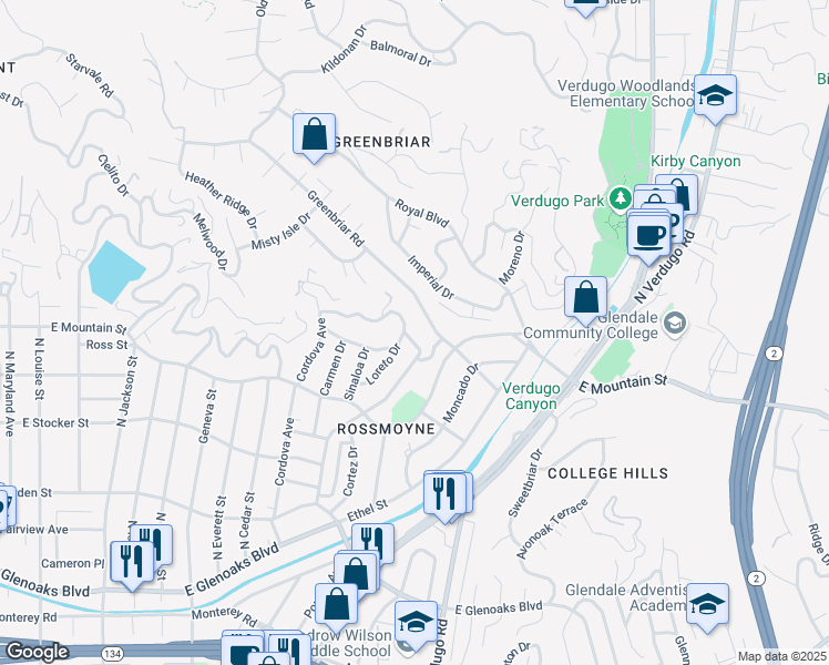 map of restaurants, bars, coffee shops, grocery stores, and more near 1105 Hillcroft Road in Glendale
