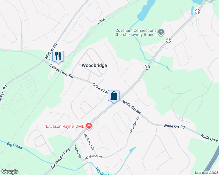 map of restaurants, bars, coffee shops, grocery stores, and more near 6030 Gaines Ferry Road in Flowery Branch