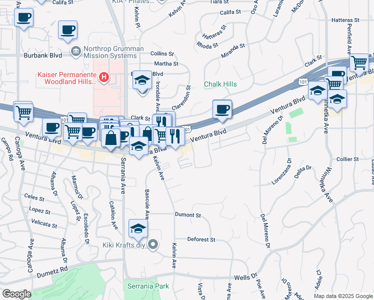 map of restaurants, bars, coffee shops, grocery stores, and more near 20642 Ventura Boulevard in Los Angeles