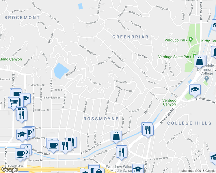map of restaurants, bars, coffee shops, grocery stores, and more near 909 Cavanagh Road in Glendale