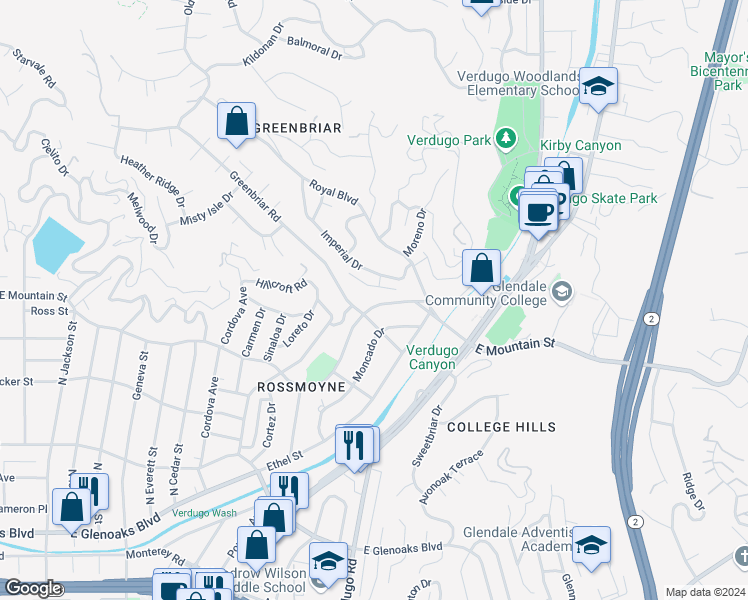 map of restaurants, bars, coffee shops, grocery stores, and more near 1415 East Mountain Street in Glendale