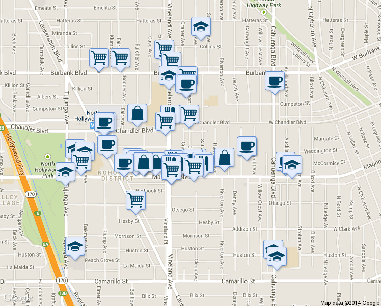 map of restaurants, bars, coffee shops, grocery stores, and more near 5258 Cleon Avenue in Los Angeles