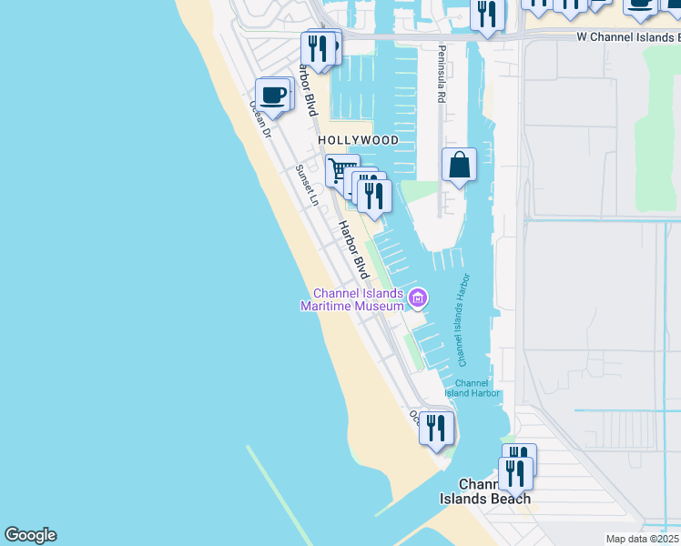 map of restaurants, bars, coffee shops, grocery stores, and more near 3616 Ocean Drive in Oxnard