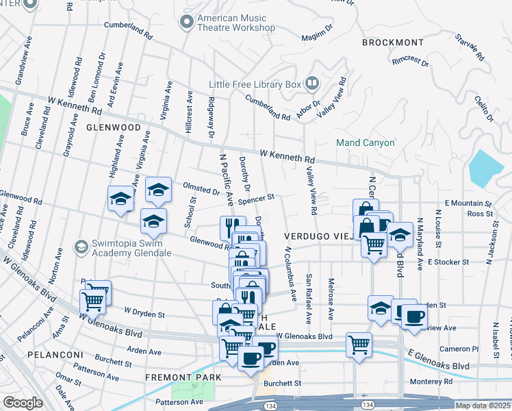 map of restaurants, bars, coffee shops, grocery stores, and more near Dorothy Drive in Glendale