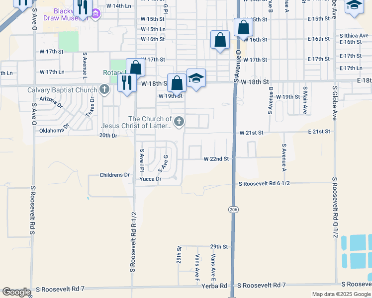 map of restaurants, bars, coffee shops, grocery stores, and more near 2116 Hummingbird Lane in Portales
