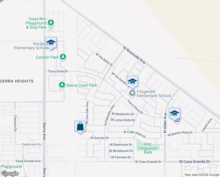 map of restaurants, bars, coffee shops, grocery stores, and more near 3705 North Veronica Avenue in Rialto