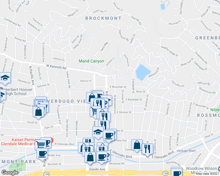 map of restaurants, bars, coffee shops, grocery stores, and more near 131 East Mountain Street in Glendale