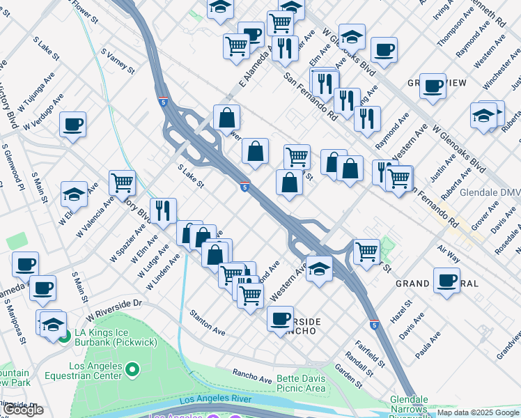 map of restaurants, bars, coffee shops, grocery stores, and more near 528 Allen Avenue in Glendale