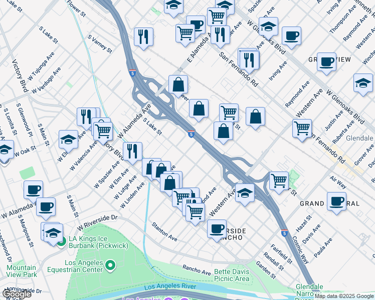 map of restaurants, bars, coffee shops, grocery stores, and more near in Burbank