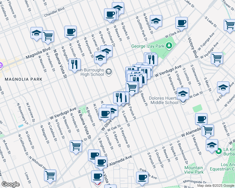 map of restaurants, bars, coffee shops, grocery stores, and more near 1920 West Clark Avenue in Burbank