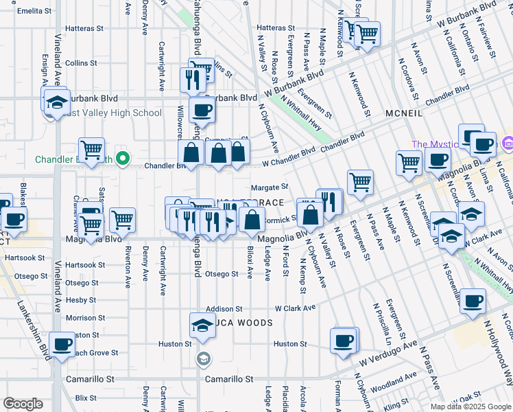 map of restaurants, bars, coffee shops, grocery stores, and more near 10411 Weddington Street in Los Angeles
