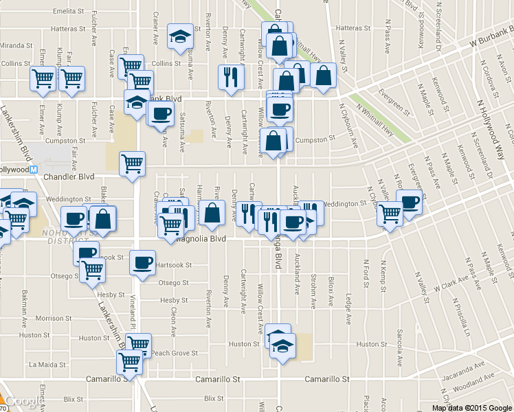 map of restaurants, bars, coffee shops, grocery stores, and more near 5309 Cartwright Avenue in Los Angeles