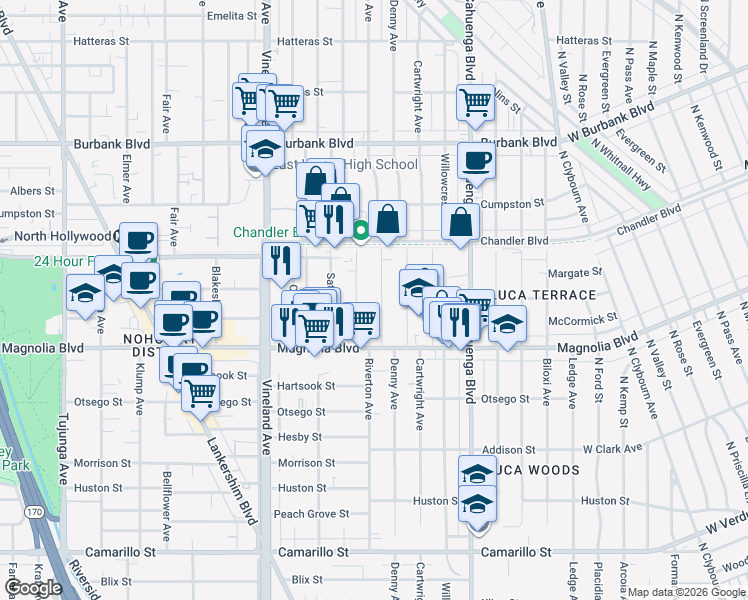 map of restaurants, bars, coffee shops, grocery stores, and more near 5314 Riverton Avenue in Los Angeles