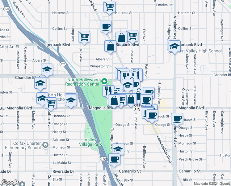 map of restaurants, bars, coffee shops, grocery stores, and more near 5268 Tujunga Avenue in Los Angeles