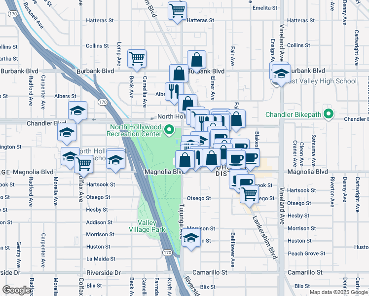 map of restaurants, bars, coffee shops, grocery stores, and more near 5268 Tujunga Avenue in Los Angeles