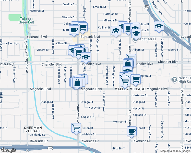map of restaurants, bars, coffee shops, grocery stores, and more near 5311 Corteen Place in Los Angeles