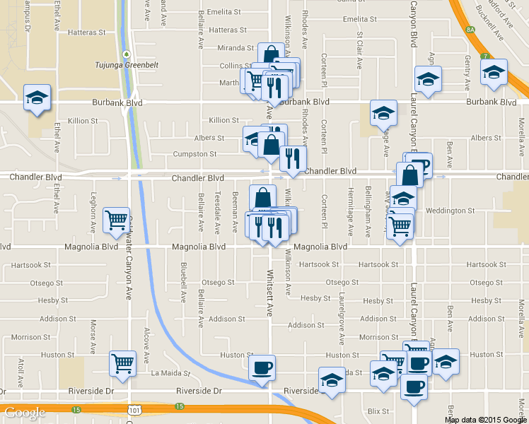 map of restaurants, bars, coffee shops, grocery stores, and more near 5309 Whitsett Avenue in Los Angeles