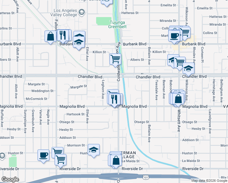 map of restaurants, bars, coffee shops, grocery stores, and more near 5311 Coldwater Canyon Avenue in Los Angeles