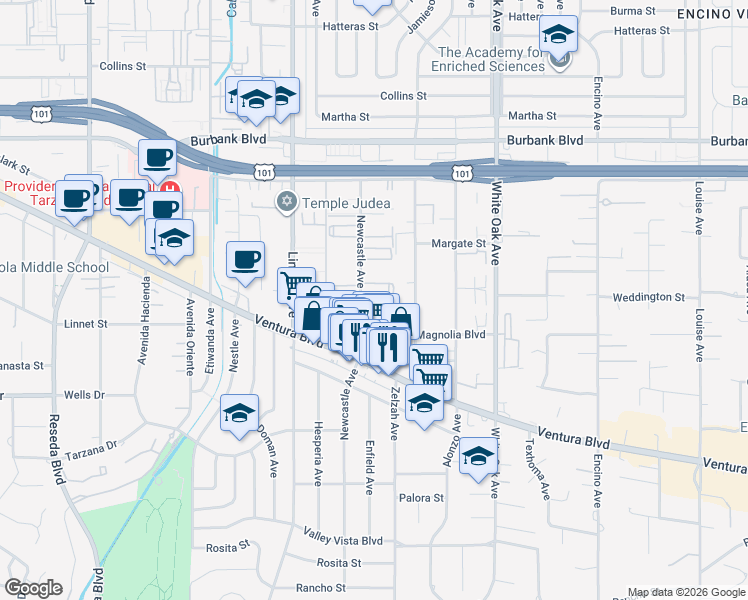 map of restaurants, bars, coffee shops, grocery stores, and more near 5300 Newcastle Avenue in Los Angeles