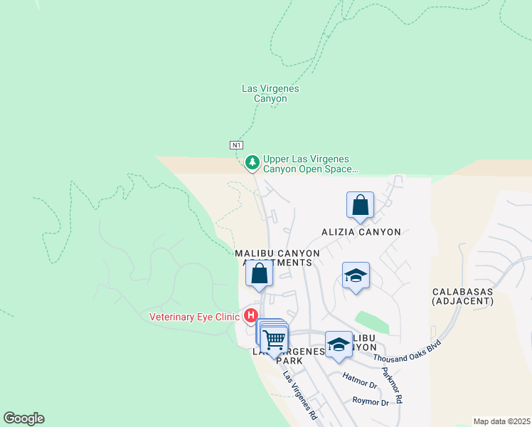 map of restaurants, bars, coffee shops, grocery stores, and more near 5952-5984 Las Virgenes Road in Calabasas
