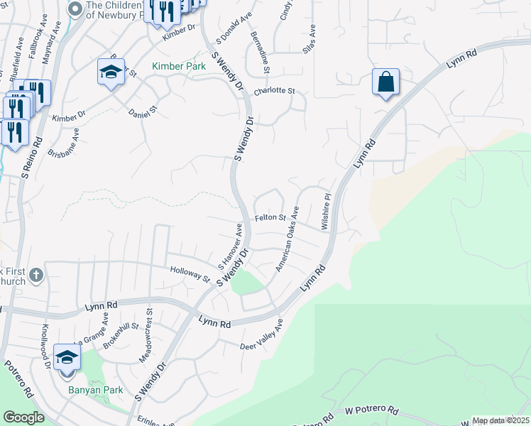 map of restaurants, bars, coffee shops, grocery stores, and more near 612 Ashwood Court in Thousand Oaks