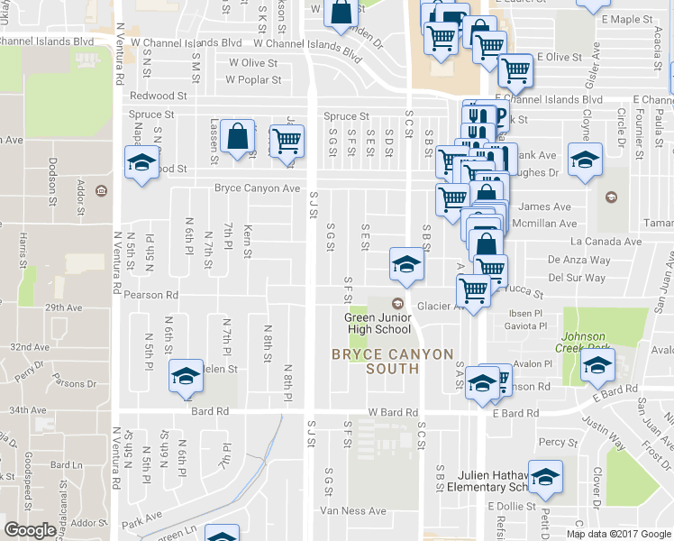 map of restaurants, bars, coffee shops, grocery stores, and more near 3620 South F Street in Oxnard