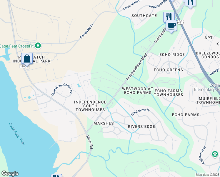 map of restaurants, bars, coffee shops, grocery stores, and more near 4140 Independence Boulevard in Wilmington