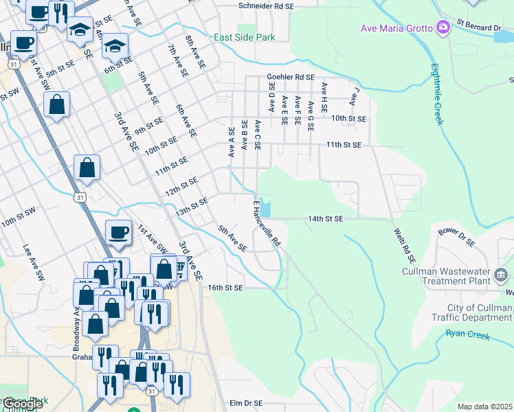 map of restaurants, bars, coffee shops, grocery stores, and more near 1333 13th Street Southeast in Cullman