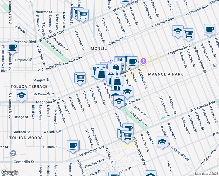 map of restaurants, bars, coffee shops, grocery stores, and more near 929 North Hollywood Way in Burbank