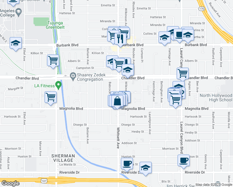 map of restaurants, bars, coffee shops, grocery stores, and more near 5261 Whitsett Avenue in Valley Village
