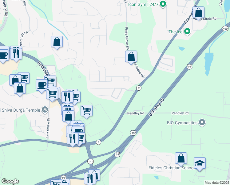 map of restaurants, bars, coffee shops, grocery stores, and more near 2125 Calumet Crossing in Cumming