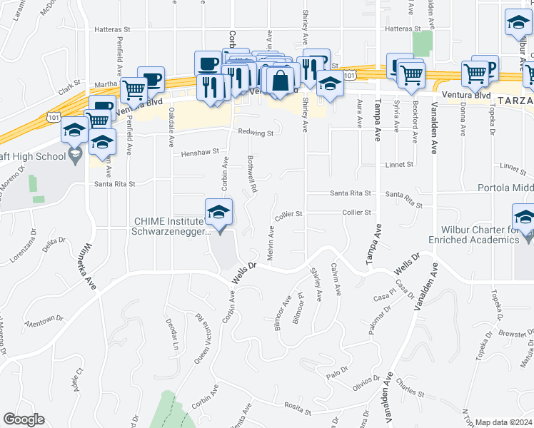 map of restaurants, bars, coffee shops, grocery stores, and more near 5237 Melvin Avenue in Los Angeles