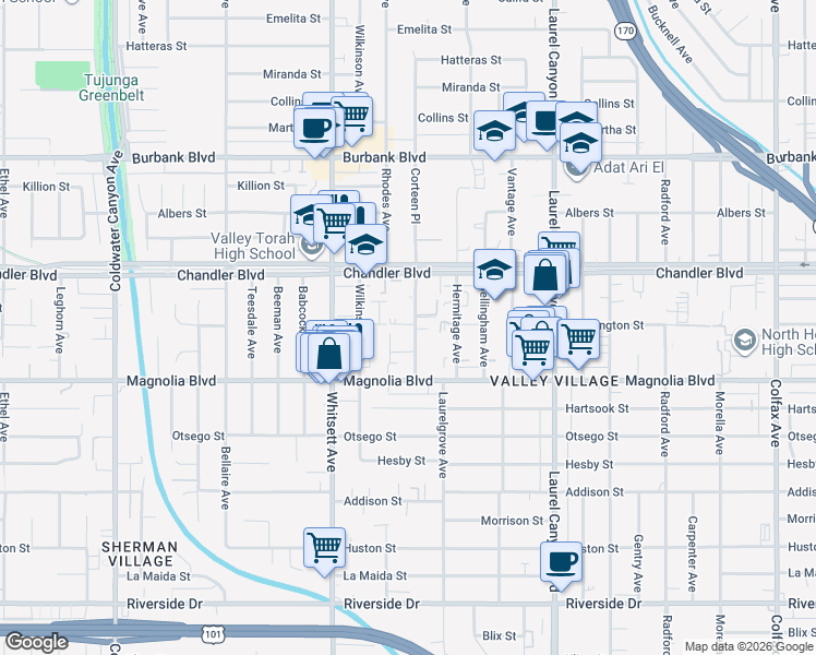 map of restaurants, bars, coffee shops, grocery stores, and more near 5311 Corteen Place in Los Angeles