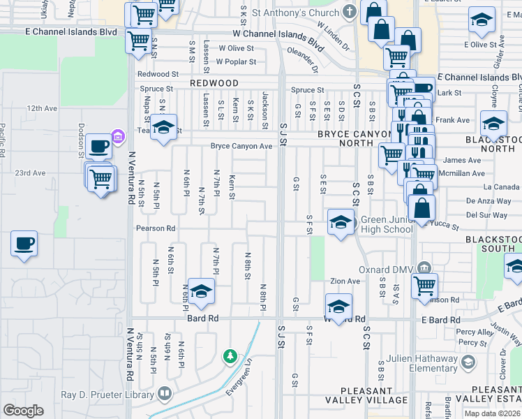 map of restaurants, bars, coffee shops, grocery stores, and more near 846 Thayer Lane in Port Hueneme
