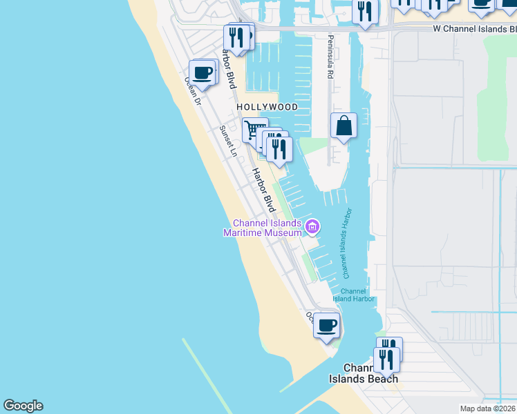 map of restaurants, bars, coffee shops, grocery stores, and more near 3680 Sunset Lane in Oxnard