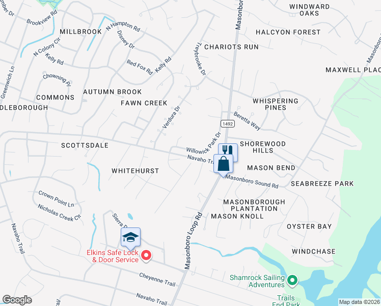 map of restaurants, bars, coffee shops, grocery stores, and more near 3924-3984 Willowick Park Drive in Wilmington