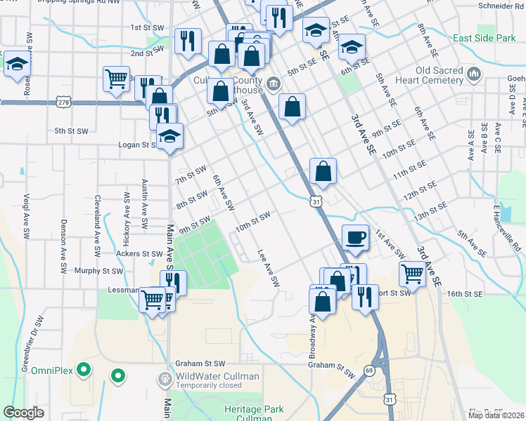 map of restaurants, bars, coffee shops, grocery stores, and more near 408 9th Street Southwest in Cullman