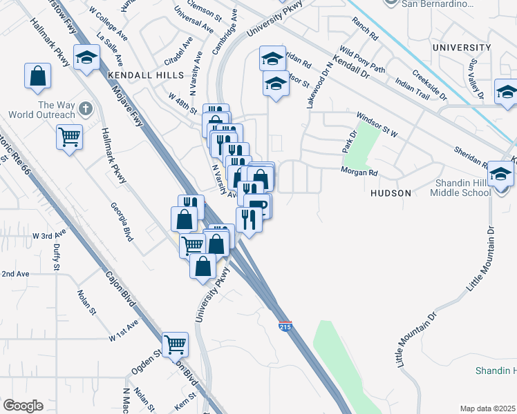 map of restaurants, bars, coffee shops, grocery stores, and more near 4275 North State Street in San Bernardino