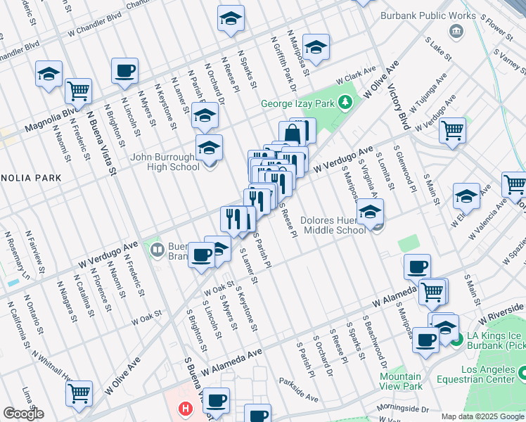 map of restaurants, bars, coffee shops, grocery stores, and more near 1820 West Verdugo Avenue in Burbank
