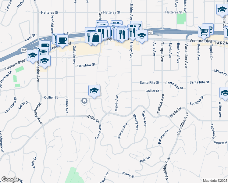map of restaurants, bars, coffee shops, grocery stores, and more near 5237 Melvin Avenue in Los Angeles