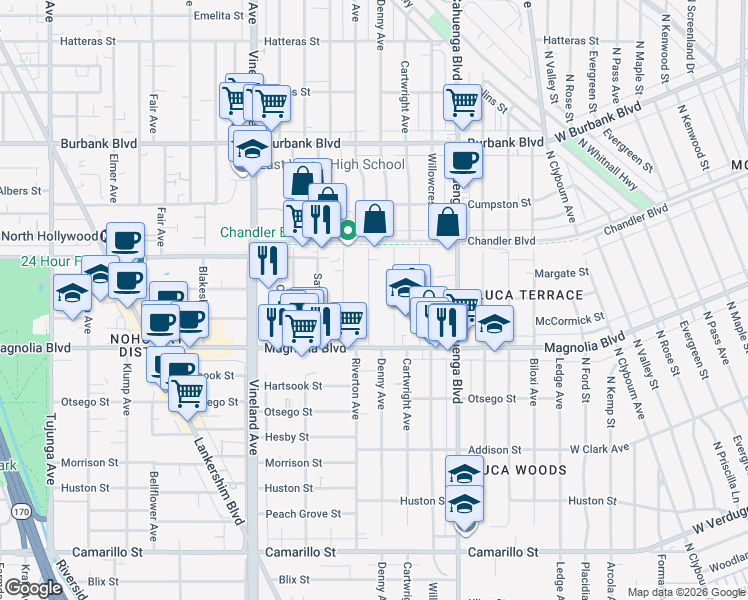 map of restaurants, bars, coffee shops, grocery stores, and more near 5260 Riverton Avenue in Los Angeles