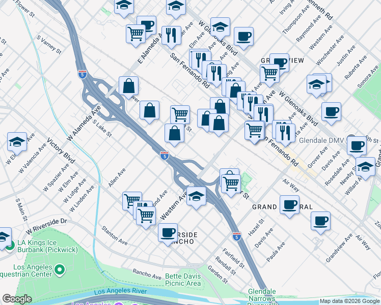 map of restaurants, bars, coffee shops, grocery stores, and more near 1742 Flower Street in Glendale
