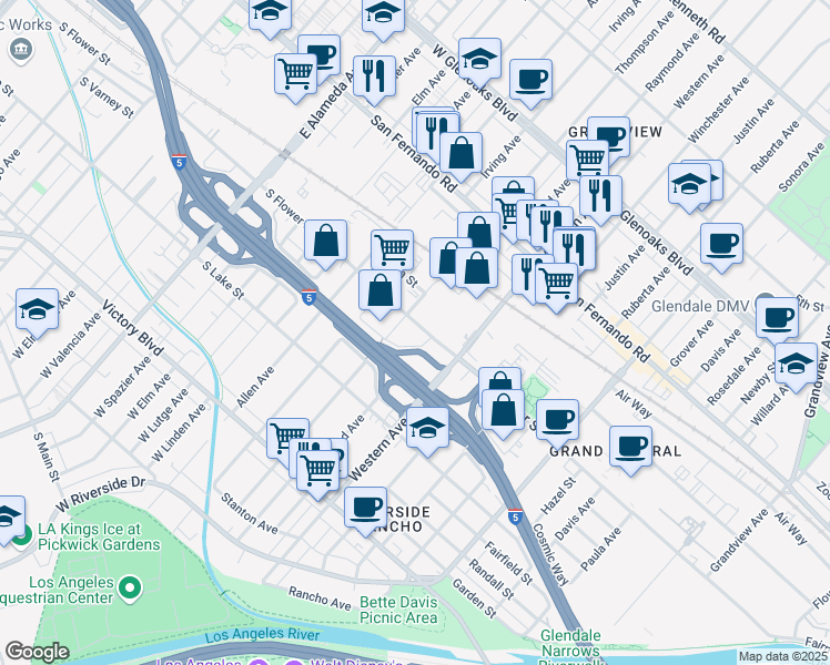 map of restaurants, bars, coffee shops, grocery stores, and more near 1742 Flower Street in Glendale