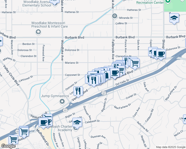 map of restaurants, bars, coffee shops, grocery stores, and more near 22940 Ostronic Drive in Los Angeles