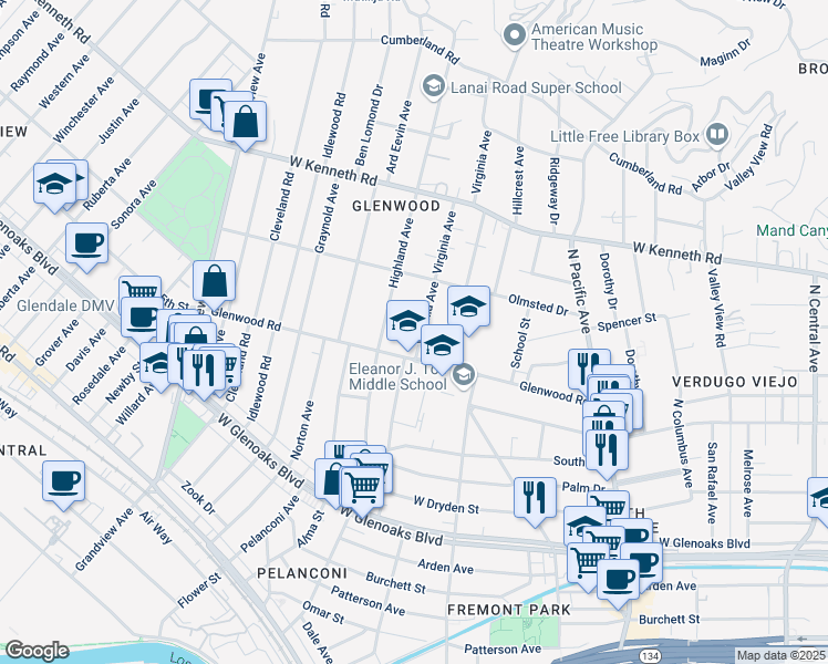 map of restaurants, bars, coffee shops, grocery stores, and more near 1321 Virginia Avenue in Glendale
