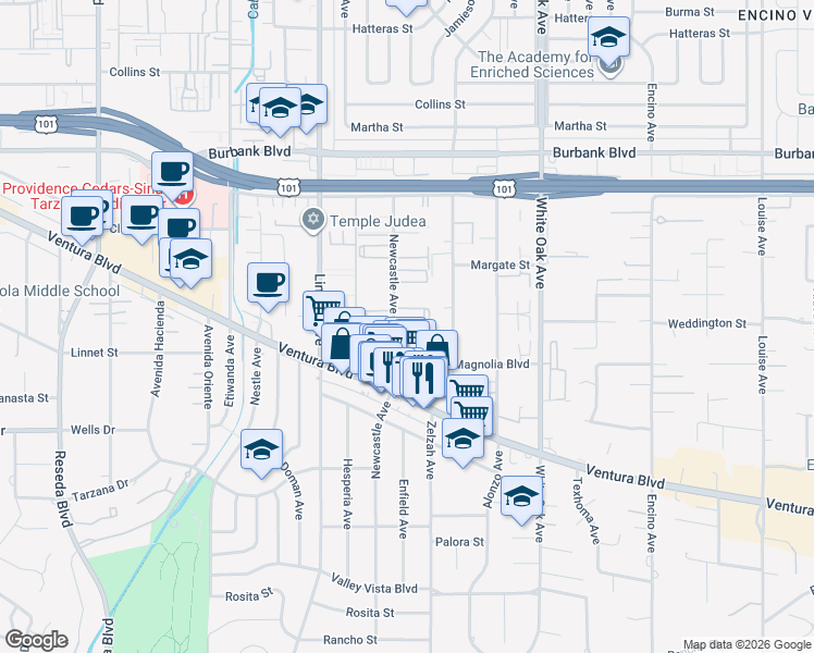 map of restaurants, bars, coffee shops, grocery stores, and more near 5292 Newcastle Avenue in Los Angeles